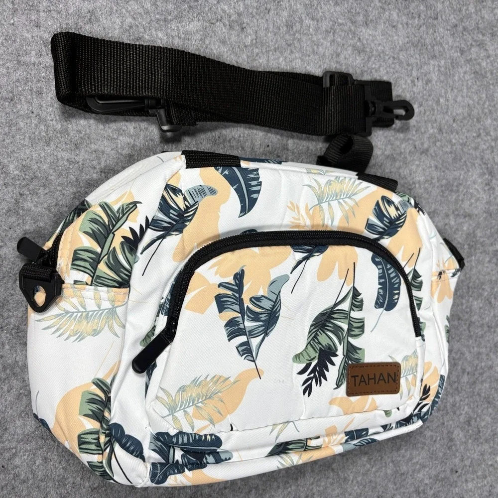Tahan Tropical Leaf Insulated Lunch‎ Bag Medium White Floral Crossbody Strap
